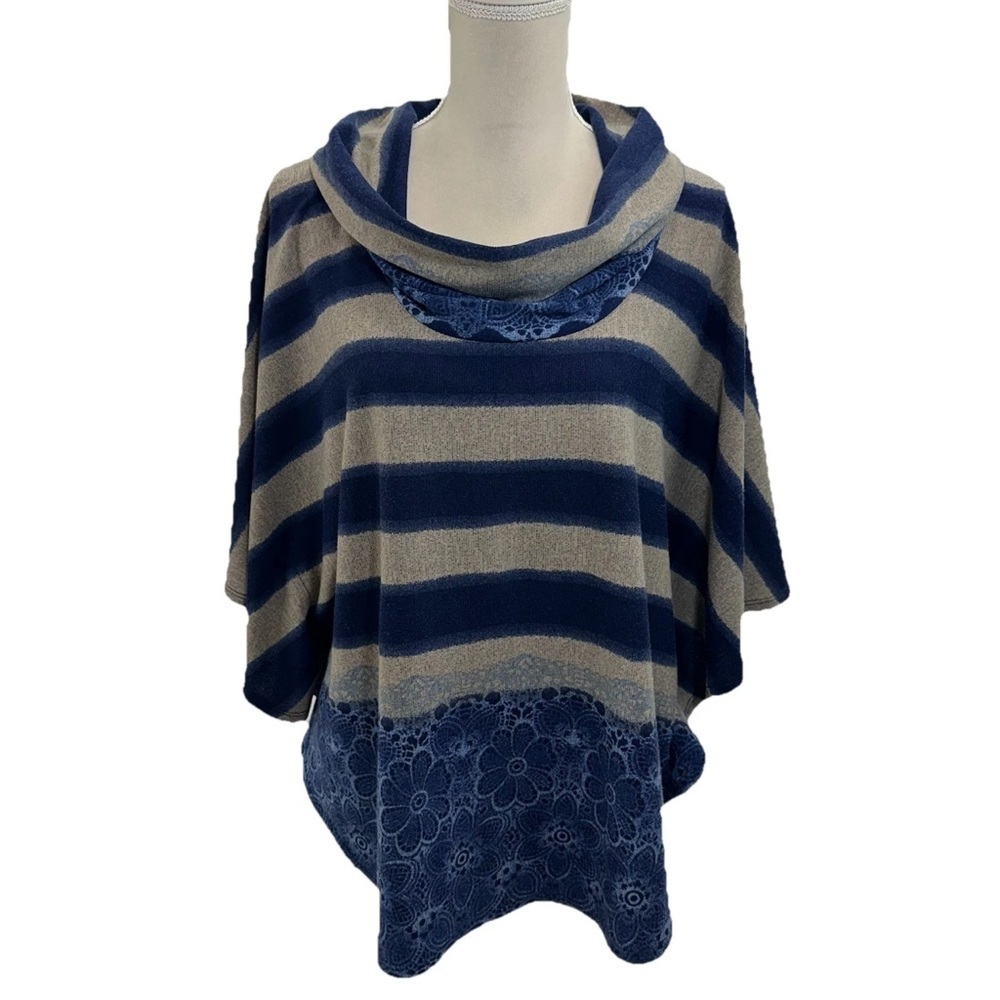 1x Roz & Ali Blue & Tan Striped Cowl Neck top